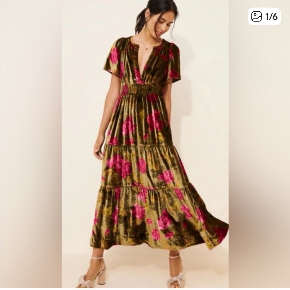 Anthropologie Velvet Maxi Dress with Pink Floral Accents